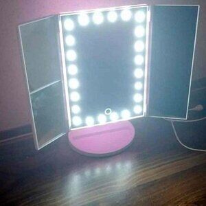 Nearly New White Tri-Fold Battery operated Lighted Mirror with USB power option